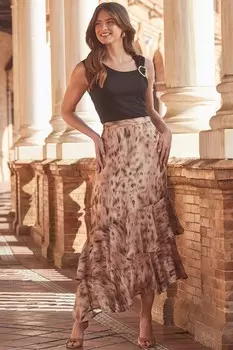 Юбка миди с оборками на подоле и животным принтом Sosandar, коричневый