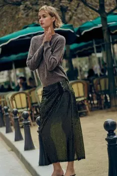 Юбка миди с пайетками ZARA, зеленый