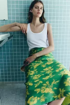 Юбка миди с принтом ZARA, зеленый