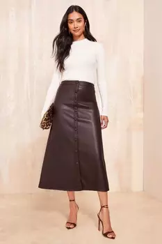 Юбка миди с пуговицами из искусственной кожи Friends Like These, коричневый
