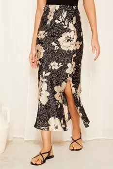 Юбка миди с разрезом спереди из атласа Friends Like These, черный