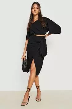 Юбка миди с узлом по бокам льна Boohoo, черный