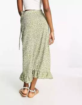 Юбка миди с запахом и оборками Vila зеленого цвета с ярким цветочным принтом
