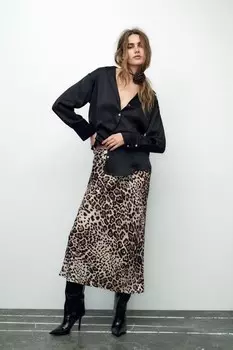 Юбка миди с животным принтом ZARA, цвет leopard