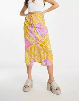 Юбка миди со сборками спереди Miss Selfridge и принтом в виде шарфа в стиле пэчворк