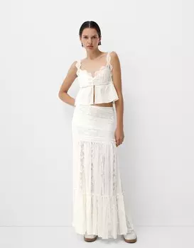 Юбка миди в деревенском стиле Bershka, бежевый