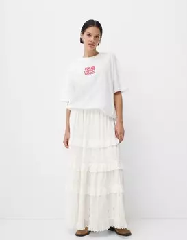 Юбка миди в деревенском стиле с оборками Bershka, бежевый