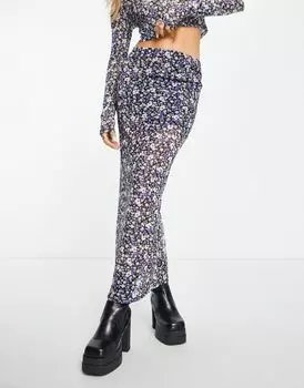 Юбка миди в фиолетовую сетку с цветочным принтом ASOS DESIGN