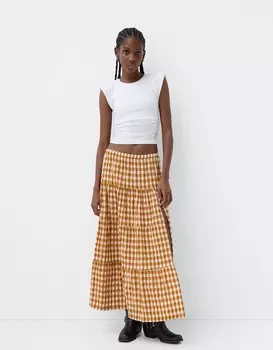 Юбка миди в клетку гингем Bershka, коричневый