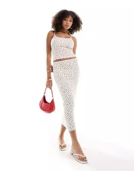 Юбка миди в рубчик красного цвета с цветочным принтом Pull&Bear — часть комплекта