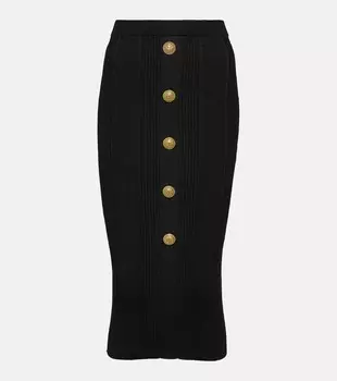 Юбка миди в рубчик с высокой посадкой Balmain, черный