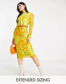 Юбка миди в сетку со сборками Vero Moda X Joann Van Den Herik с оранжево-лаймовым принтом — часть комплекта