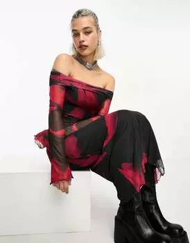 Юбка миди в сеточку с графичным принтом ASOS