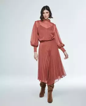 Юбка миди в складку из принтованного шифона с люрексом & Me Unlimited, коричневый