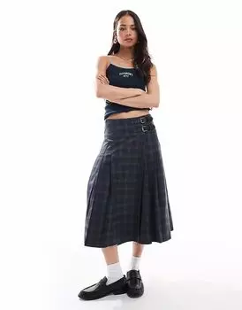 Юбка миди в складку Superdry Check в клетку темно-серого цвета