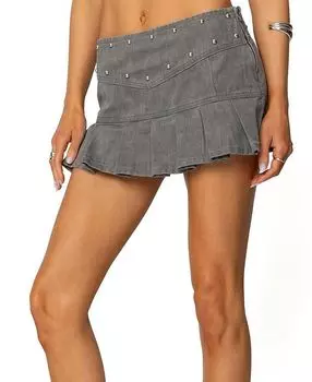 Юбка мини из денима со складками и заклепками Edikted, серый