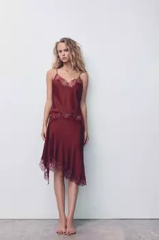 Юбка с кружевной отделкой ZARA, темно-красный