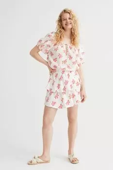 Юбка с оборками и оттенком льна H&M, белый/красный цветочный