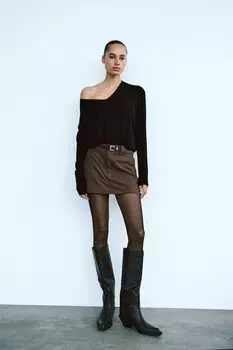 Юбка с поясом ZARA, темно-коричневый