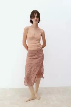 Юбка с текстурой металлических нитей и разрезами ZARA, терракота