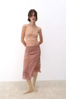 Юбка с текстурой металлических нитей и разрезами ZARA, терракота