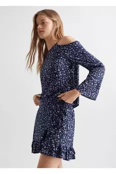 Юбка с воланами с цветочным узором Mango, темно-синий