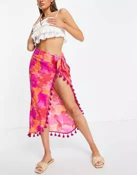 Юбка-саронг миди с яркими размытыми цветами и кисточками ASOS DESIGN
