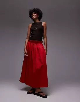 Юбка-солнце Topshop из жатого хлопка, выстиранная, красного цвета