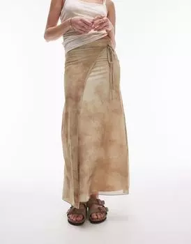 Юбка средней длины из сетки с запахом и завязками Topshop нежно-желтого мраморного принта