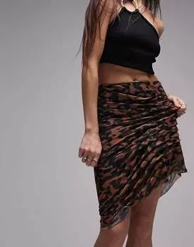Юбка Topshop Ruched Animal Print Asymmetric Mini, черный/коричневый
