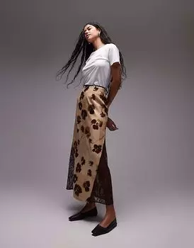 Юбка Topshop с контрастными вставками и подолом цвета пахты и коричневого цветка