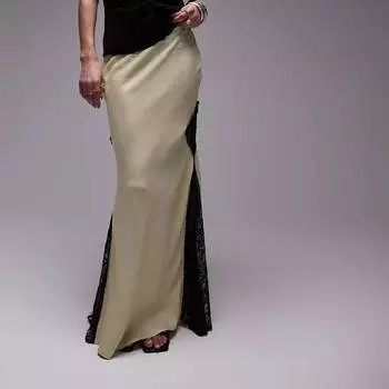 Юбка Topshop Satin And Lace Midi, зеленый