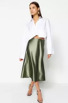 Юбка-трапеция Trendyol атласная, зеленый
