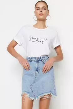 Юбка Trendyol джинсовая рваная, голубой