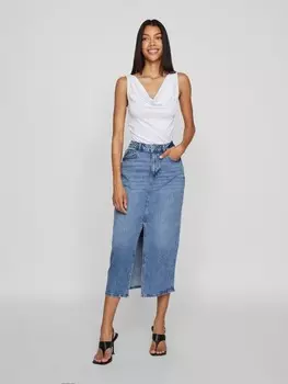 Юбка Vila Jeans Midi hohe Taille Frontschlitz Regular Fit, синий