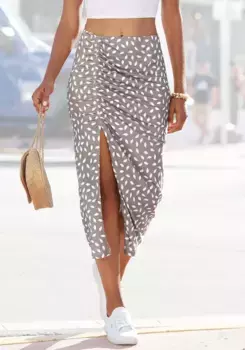 Юбка Vivance из джерси с оборками по бокам и разрезом, юбка миди с принтом по всей поверхности, кремовый