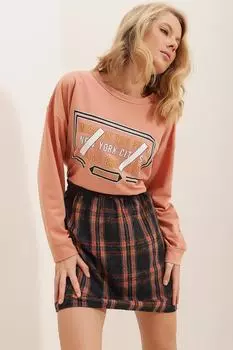 Юбка в клетку с эластичной резинкой на талии Trend Alaat Stili, коричневый