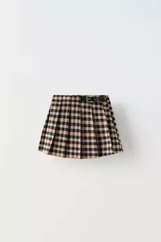 Юбка в клетку с пряжкой ZARA, экрю/черный