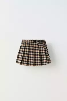Юбка в клетку с пряжкой ZARA, экрю/черный