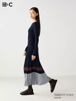 Юбка в рубчик из смеси мериноса цветной блок Uniqlo, синий