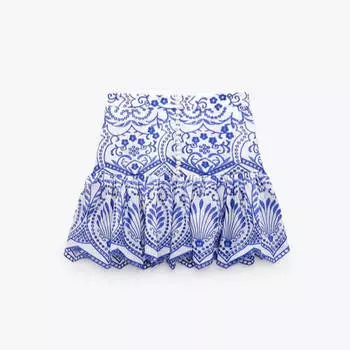 Юбка Zara Embroidered Mini, синий/белый