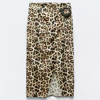 Юбка Zara Linen Blend Animal Print Midi, коричневый