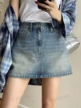 Юбка женская короткая, винтажная, декорированная рваными дырками, джинсовая Dazy, синий