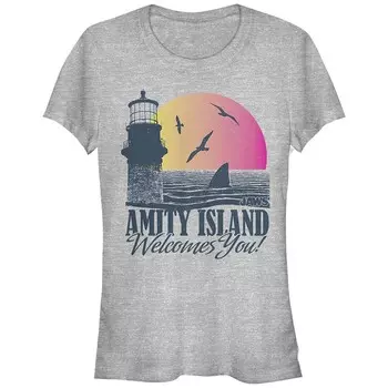 Юниорская футболка Jaws Amity Island Welcome You с графическим рисунком Shark Fin Sunset Licensed Character, цвет Athletic Heather