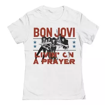 Юниорская/женская футболка с рисунком Bon Jovi Livin Licensed Character, белый