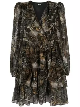 Just Cavalli платье мини со змеиным принтом и оборками, коричневый