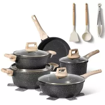 JUST PERFECTO Набор кастрюль и сковородок индукционный с крышкой черный без ПТФЭ и ПФОК 14 шт. - набор кастрюль из алюминия с антипригарным покрытием - набор кастрюль