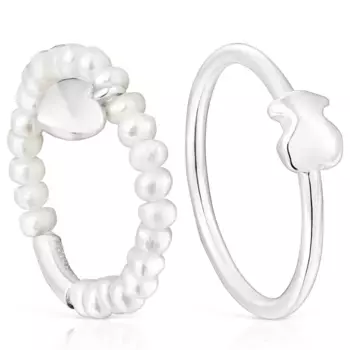 Ювелирный комплект колец Tous Mini Icons Heart And Bear, 2 предмета, серебро/жемчуг