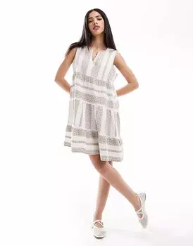 Южный пляж многоярусное мини-платье без рукавов из жаккарда в серо-коричневом цвете South Beach