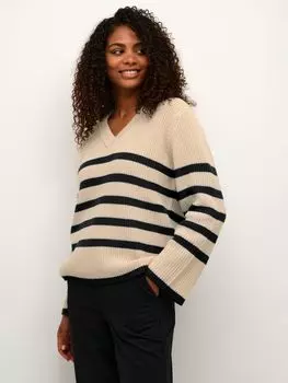 KAFFE Irina Джемпер в полоску с V-образным вырезом, Песочный/Черный
